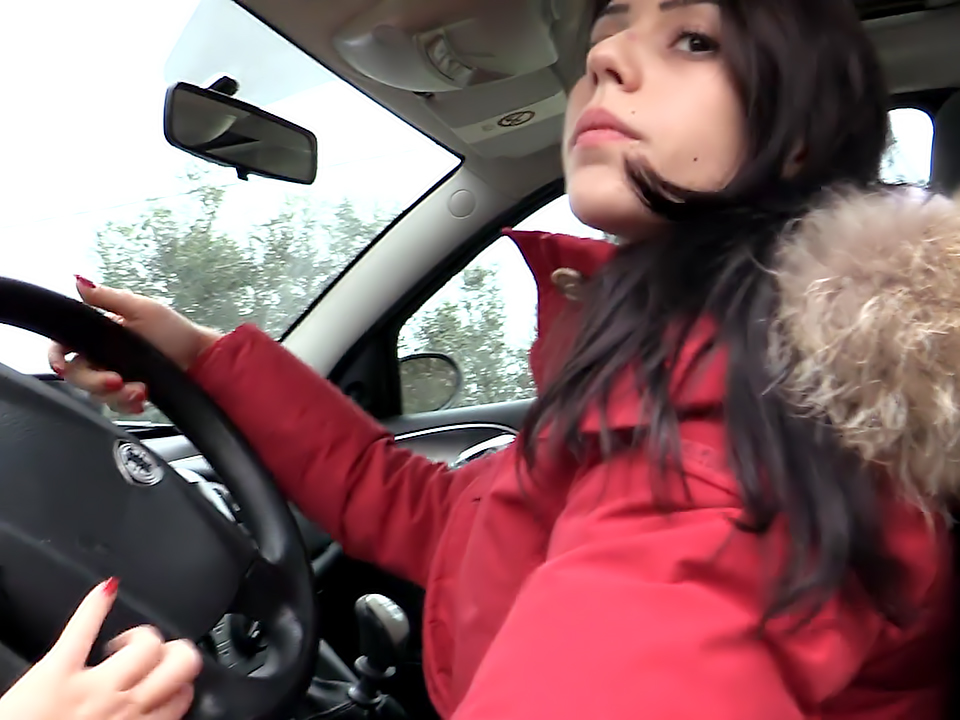 Breathtaking Brunette Teen Drives in Stockings